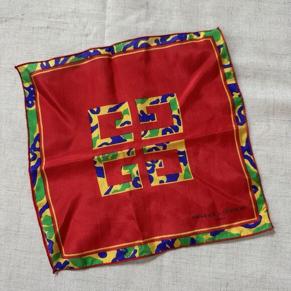 Givenchy Paris Pocket Square Handkerchief Neckerchief Red Camo Logo Silk Vintage - Picture 1 of 6
